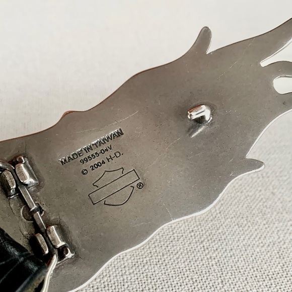 HARLEY-DAVIDSON Flame Tooled Black Leather Belt & Belt Buckle Size 36 - Picture 8 of 16